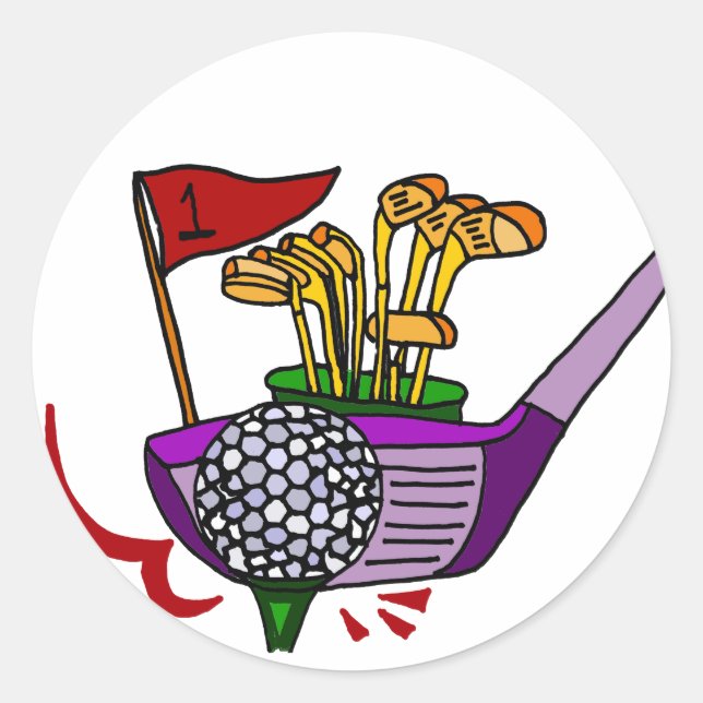 Pegatina Redonda Fun Golf Ball and Clubs Golfing Art (Anverso)