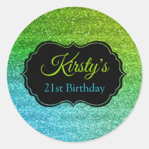 Pegatina Redonda Fun Green Blue Purpurina Sparkle Cumpleaños