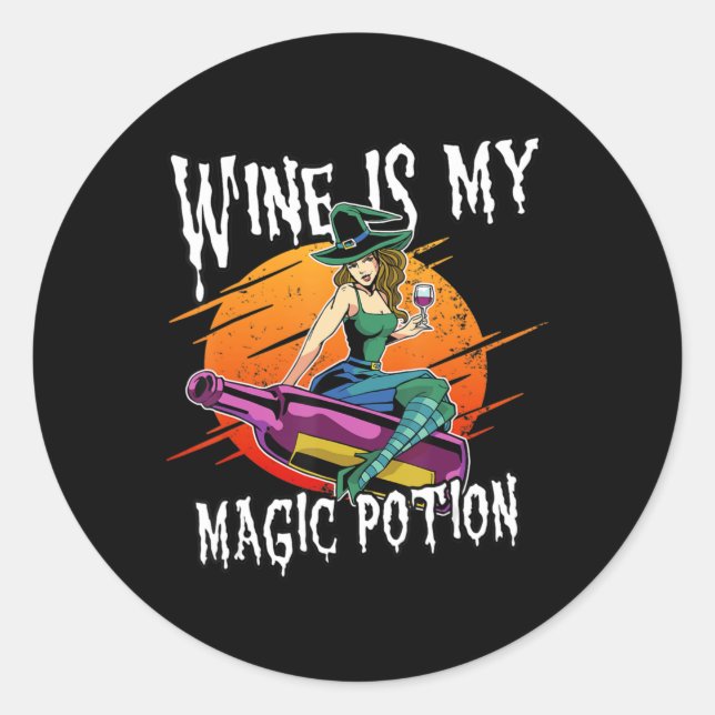 Pegatina Redonda Fun Halloween Bebe Witch Magic Wine Drinker (Anverso)