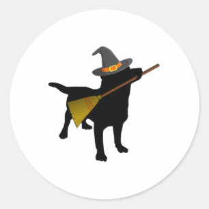 Pegatina Redonda Fun Halloween Black Lab Dog Cute Witch Gorra Broom