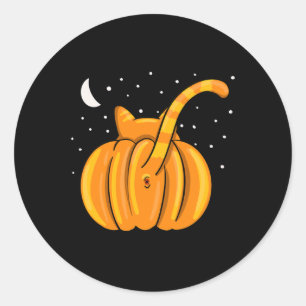 Pegatina Redonda Fun Halloween Cat Butt Pumpkin Naranja Tab
