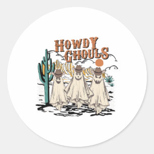Pegatina Redonda Fun Howdy Ghouls Western Halloween Fall Ghosts Wom