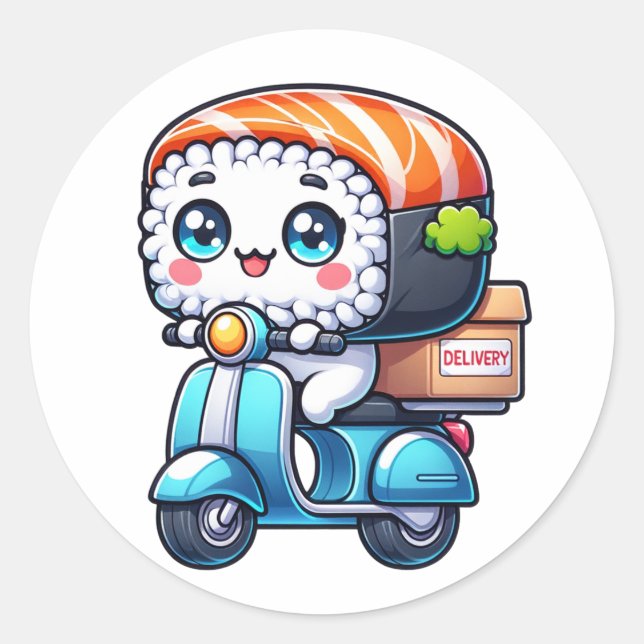 Pegatina Redonda Fun Kawaii Sushi en una moto de reparto (Anverso)