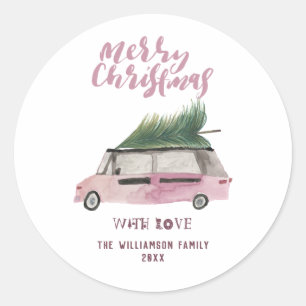 Pegatina Redonda Fun Merry Christmas Tree Van Watercolor Holiday