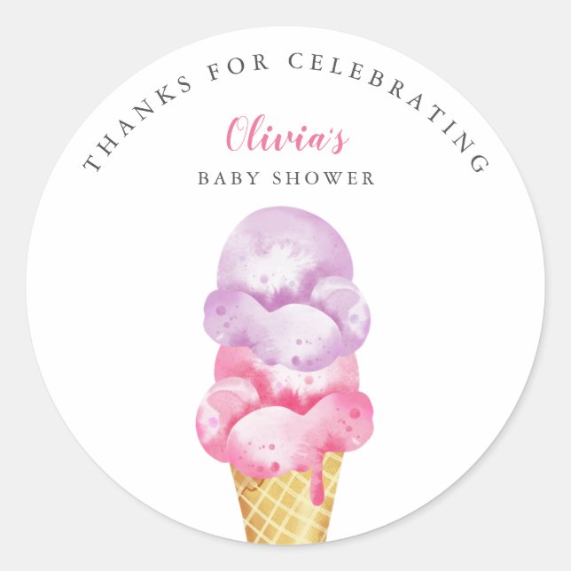 Pegatina Redonda Fun Pink Ice Cream Baby Shower Favor (Anverso)