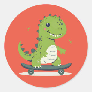 Pegatina Redonda Fun Skateboarding Dinosaur