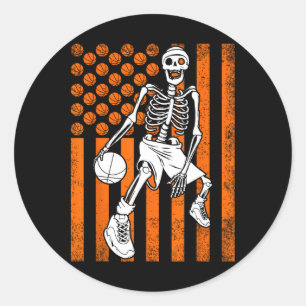 Pegatina Redonda Fun Skeleton Bysketbyll Player Usa American Flag V