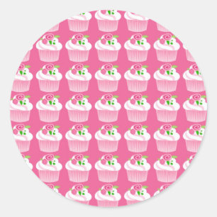 Pegatina Redonda Fun Summer Birday Hot Pink Cupcake Pattern