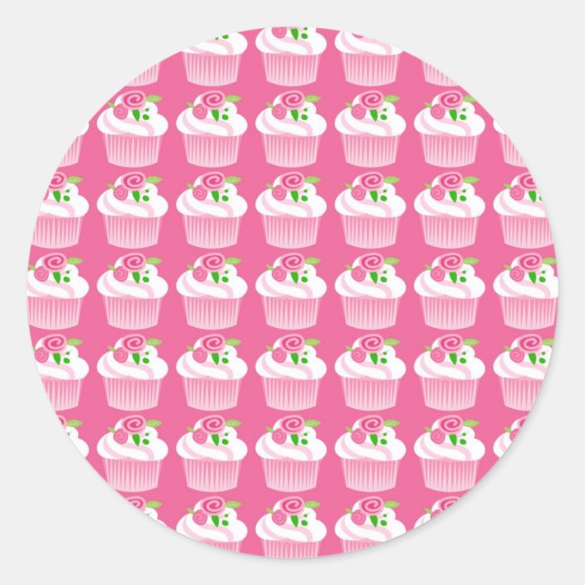 Pegatina Redonda Fun Summer Birday Hot Pink Cupcake Pattern (Anverso)