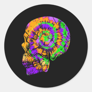 Pegatina Redonda Fun Tie Dye Skull Festividad Halloween Púrpura Ver