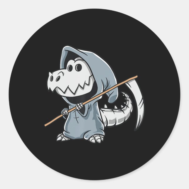 Pegatina Redonda Fun TRex Skeleton Dino Grim Reaper Dinosaur Hallow (Anverso)