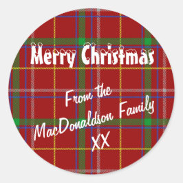 Pegatina Redonda Funda de tartán rojo Merry Xmas