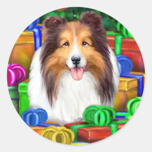 Pegatina Redonda Fundición de regalos abiertos de Sheltie Navidades