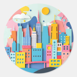 Pegatina Redonda Funky Paper Collage Cityscape