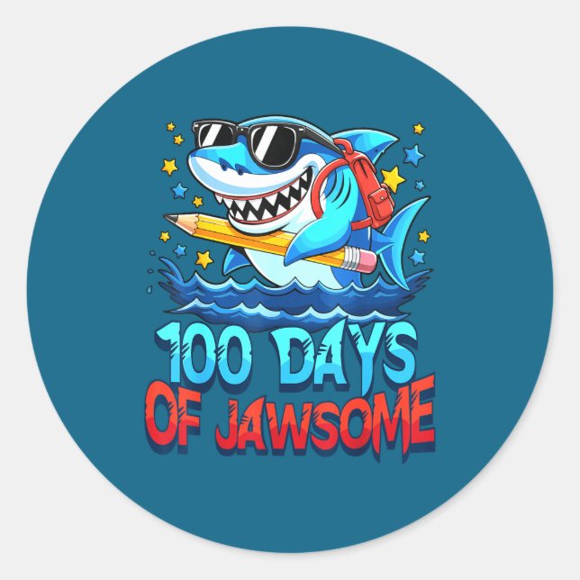 Pegatina Redonda Funny 100 Days Of Jawsome Shark Kids Boy 100th Day (Anverso)