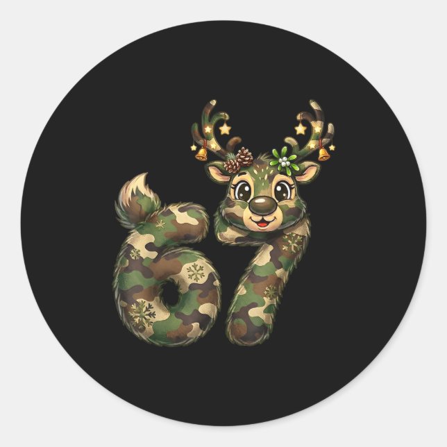 Pegatina Redonda Funny 67 Christmas Holiday Camo Hunting Reindeer D (Anverso)