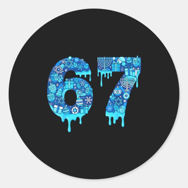 Pegatina Redonda Funny 67 Six Seven 6 7 Happy Hanukkah Jewish Chanu (Anverso)