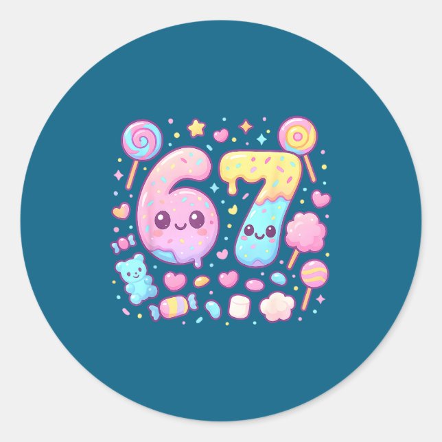 Pegatina Redonda Funny 67 Six Seven Candy 6 7 Meme Gen Alpha Kawaii (Anverso)