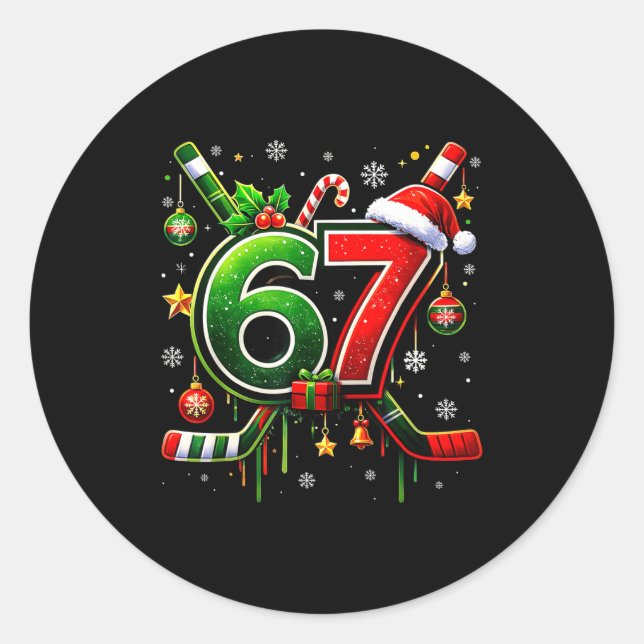 Pegatina Redonda Funny 67 Six Seven Christmas Ice Hockey  (Anverso)