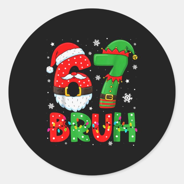Pegatina Redonda Funny 6 7 Six Seven Bruh Meme Christmas Santa Elf  (Anverso)