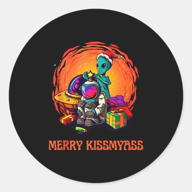 Pegatina Redonda Funny Alien Christmas Shirt _ Merry Kissmy Tank To (Anverso)