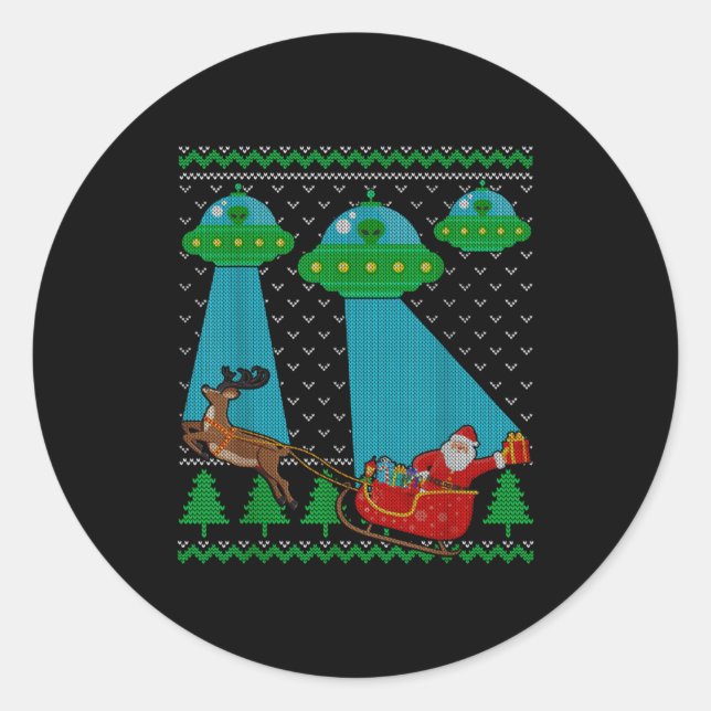 Pegatina Redonda Funny Alien Ufo Santa Sleigh Ugly Christmas Sweate (Anverso)
