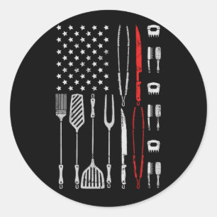 Pegatina Redonda Funny American Flag Grill Tools BBQ Grill Barbe