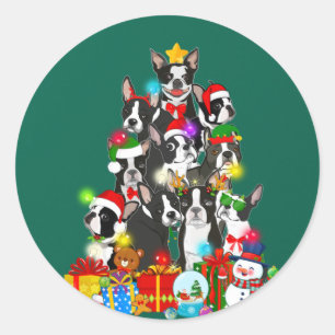 Pegatina Redonda Funny árbol de navidad de Boston terrier ilumina a