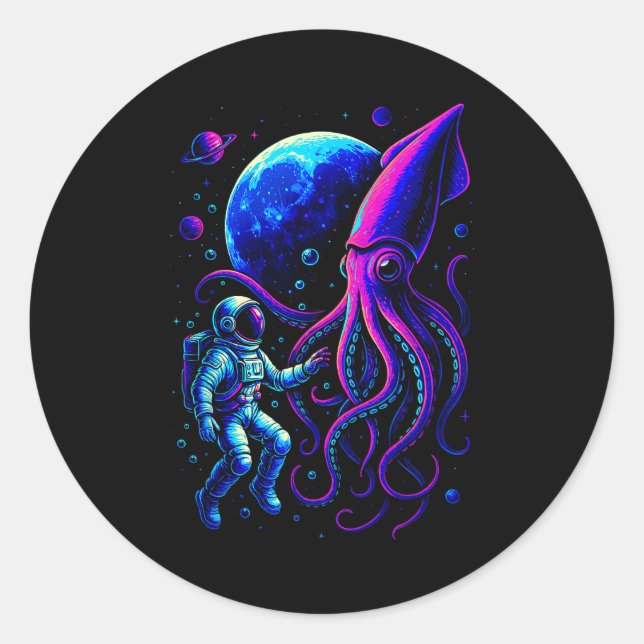 Pegatina Redonda Funny Astronaut And Squid In Underwater Space With (Anverso)