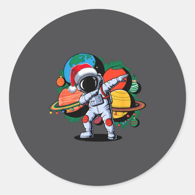 Pegatina Redonda Funny Astronaut Christmas Space Planets Santa Hat  (Anverso)
