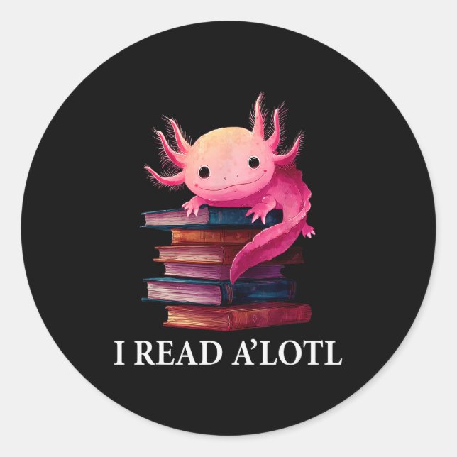 Pegatina Redonda Funny Axolotl Book Lover Librarian Reading Library (Anverso)