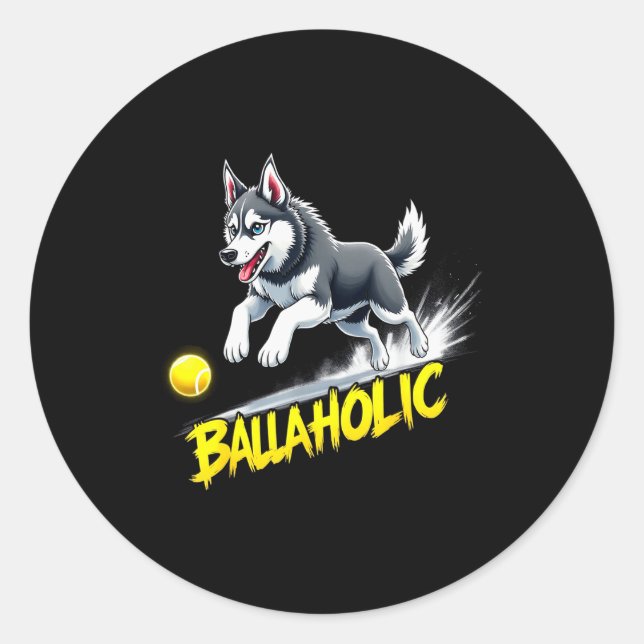 Pegatina Redonda Funny Ballaholic Siberian Husky Dog Chasing Ball  (Anverso)