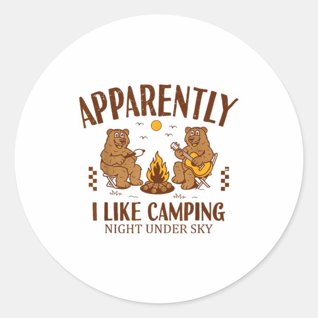 Pegatina Redonda Funny Bear Apparently, I Like Camng  (Anverso)