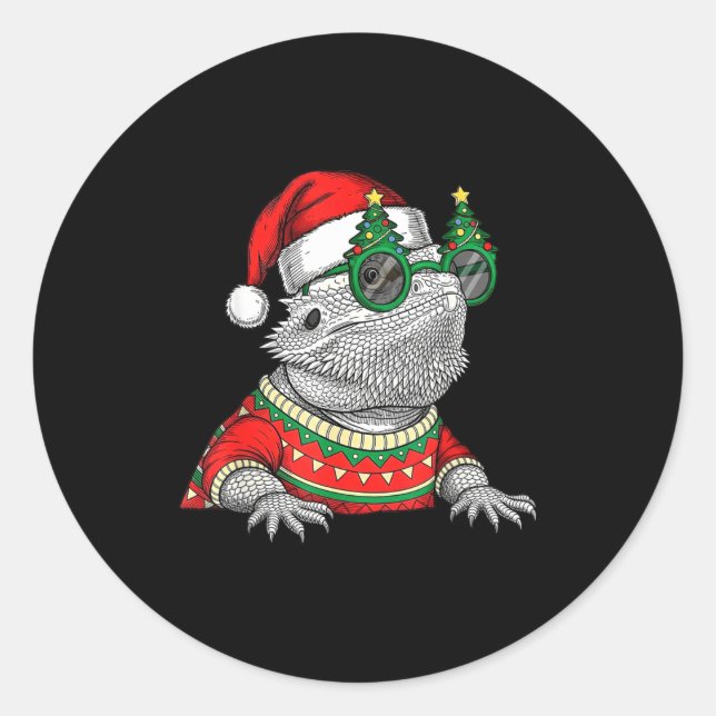 Pegatina Redonda Funny Bearded Dragon Santa Hat Christmas  (Anverso)
