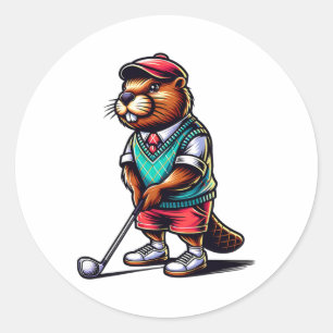 Pegatina Redonda Funny Beaver Golfer Rodent Golfing Sports