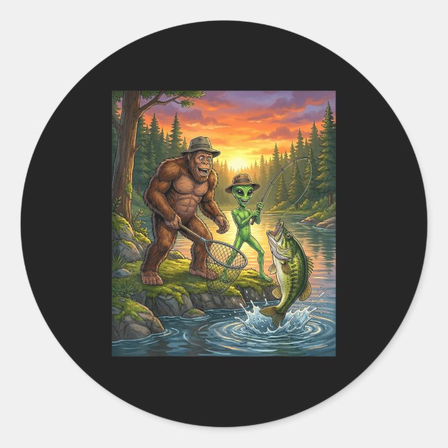 Pegatina Redonda Funny Bigfoot Fishing Mens Alien Sasquatch Fishing (Anverso)