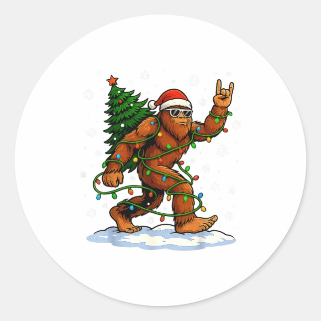 Pegatina Redonda Funny Bigfoot Rock On Christmas Lights Snow Holida (Anverso)