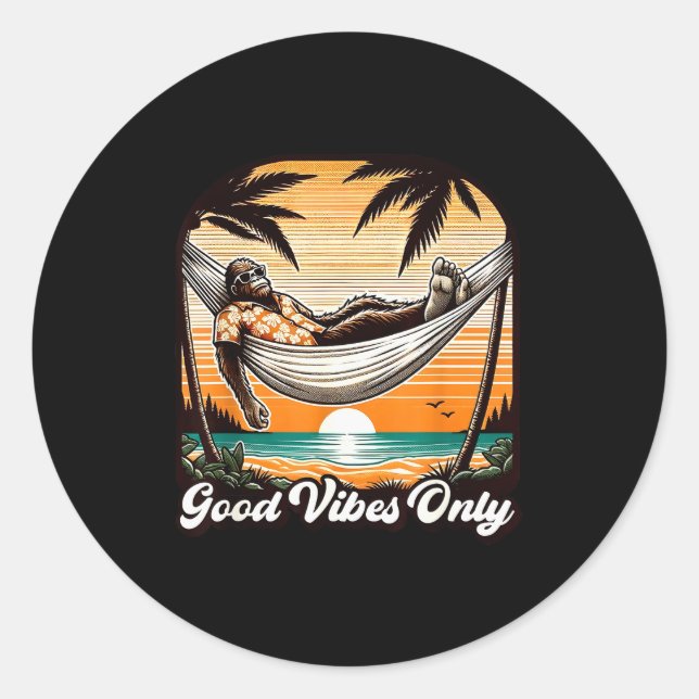 Pegatina Redonda Funny Bigfoot Sasquatch Hawaiian Retro Beach Vacat (Anverso)