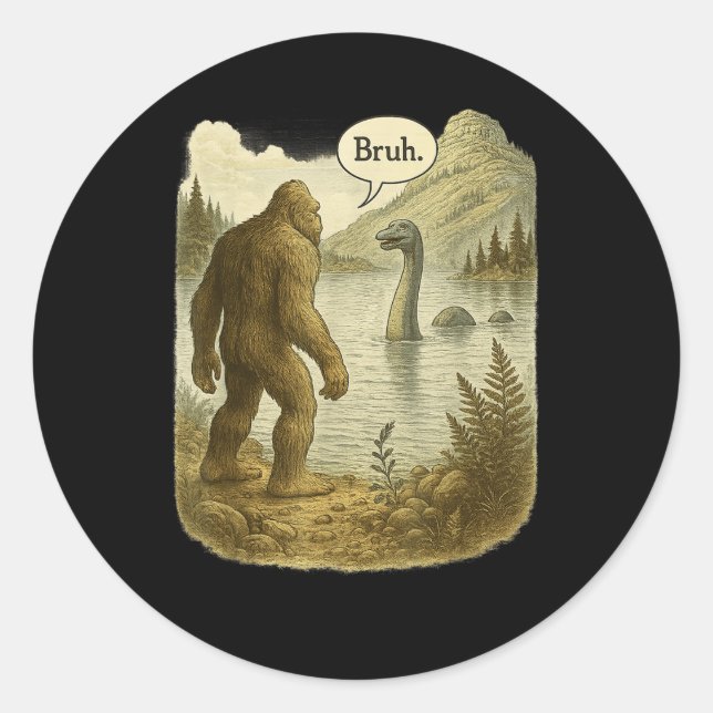 Pegatina Redonda Funny Bigfoot Sasquatch Loch Ness Monster Introver (Anverso)