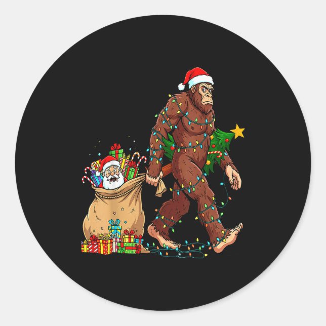 Pegatina Redonda Funny Bigfoot Steals Santa &amp; Xmas Tree - Chris (Anverso)
