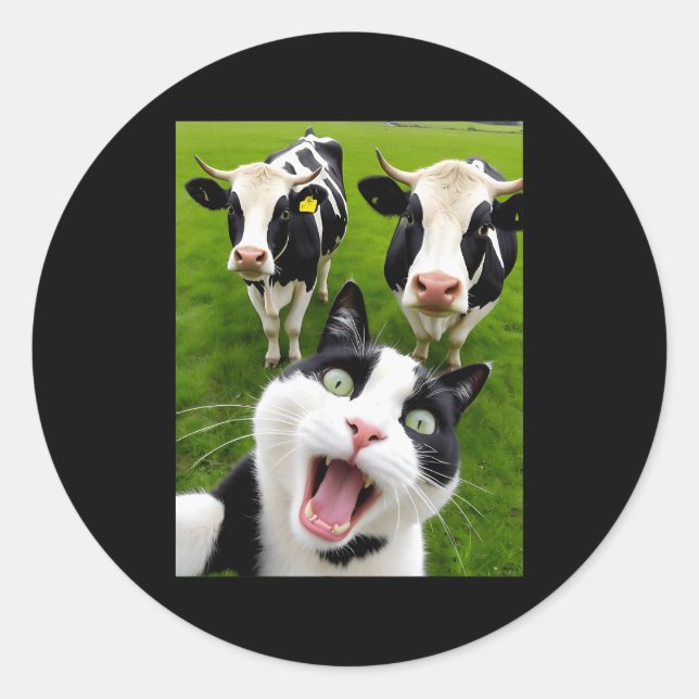 Pegatina Redonda Funny Black And White Cat Cow Selfie  (Anverso)