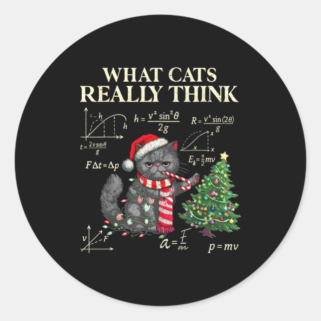 Pegatina Redonda Funny Black Cat Pushing Xmas Tree Over Cats Physic (Anverso)