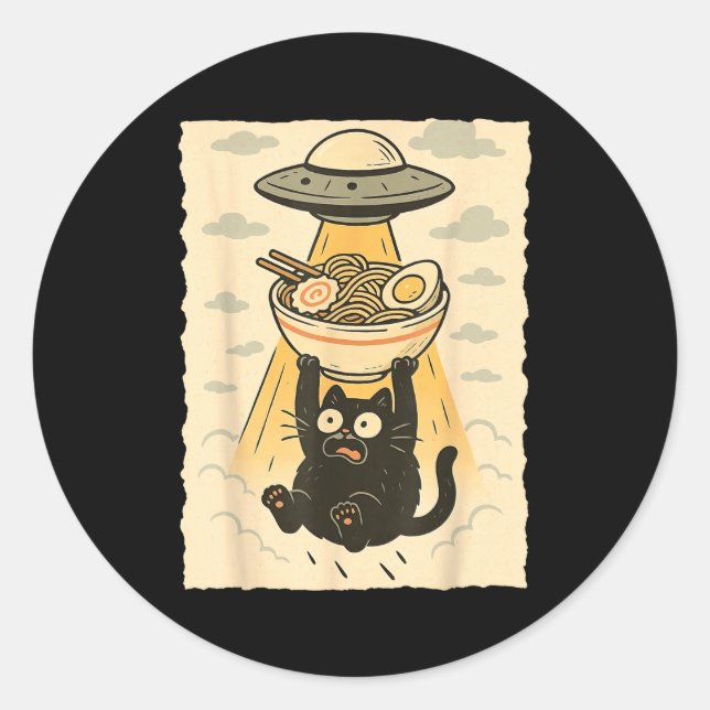 Pegatina Redonda Funny Black Cat Ufo Ramen Alien Abduction Graphic  (Anverso)