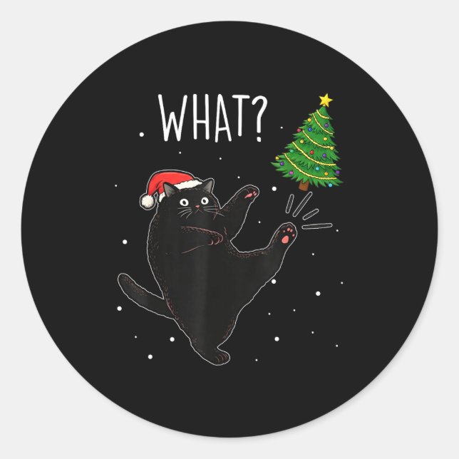 Pegatina Redonda Funny Black Cat What_ Christmas Tree Meme Xmas Men (Anverso)