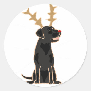 Pegatina Redonda Funny Black Lab con Navidades de renos