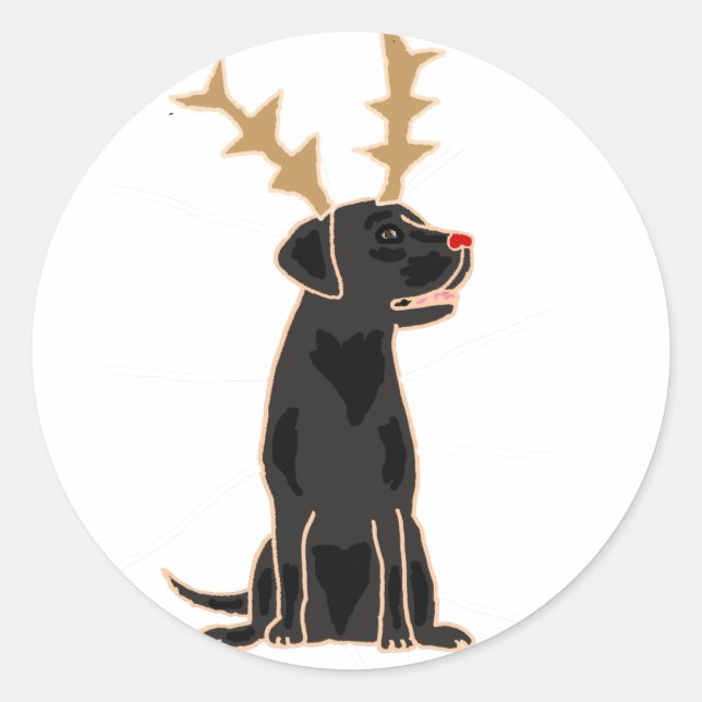 Pegatina Redonda Funny Black Lab con Navidades de renos (Anverso)