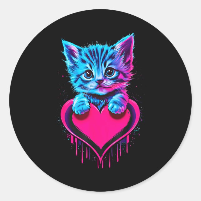Pegatina Redonda Funny Blacklight Glitch Art Cute Cat Kitten Valent (Anverso)