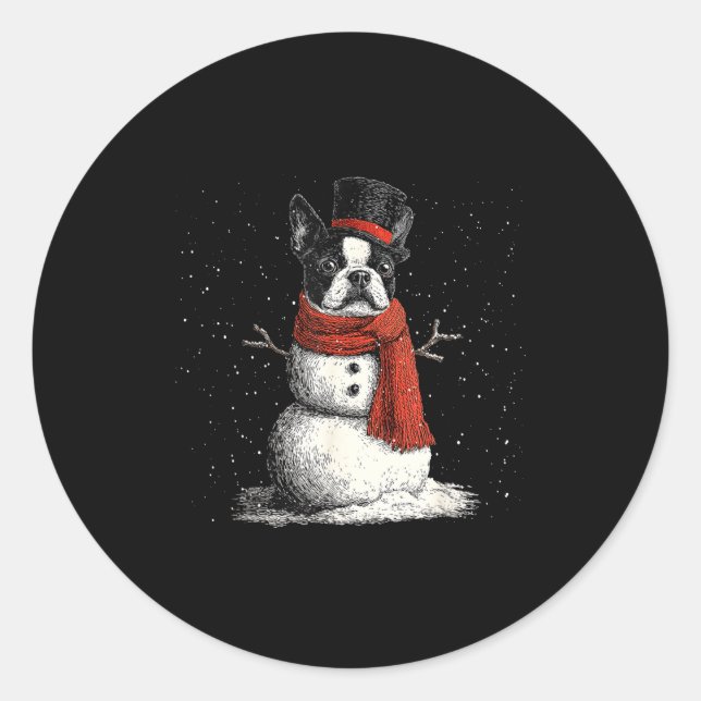 Pegatina Redonda Funny Boston Terrier Dog Christmas Snowman Xmas Pa (Anverso)