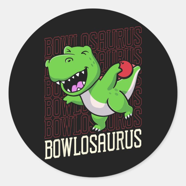 Pegatina Redonda Funny Bowling Pun T-rex Dinosaur Bowlosaurus 1 (Anverso)