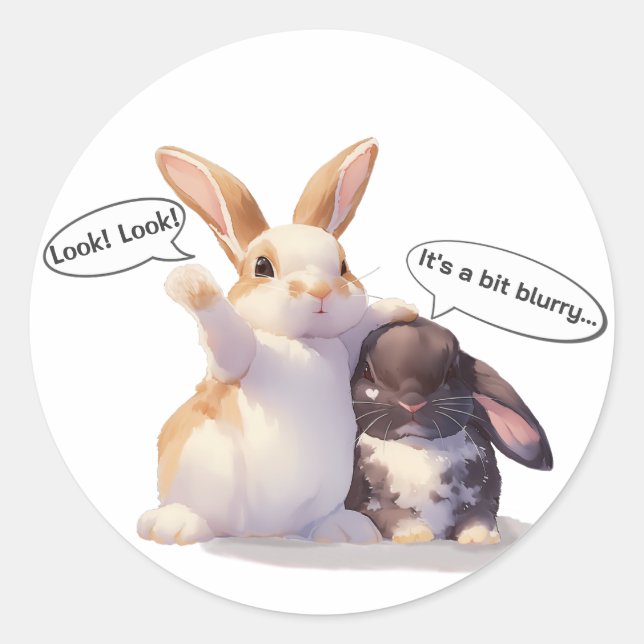 Pegatina Redonda Funny Bunny –[Look! Look!][It's a bit blurry...] (Anverso)